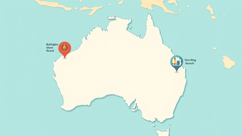 A sweeping aerial view of a vineyard in Rutherglen, Victoria, with old vines and a historic winery building under a warm, sunny sky.