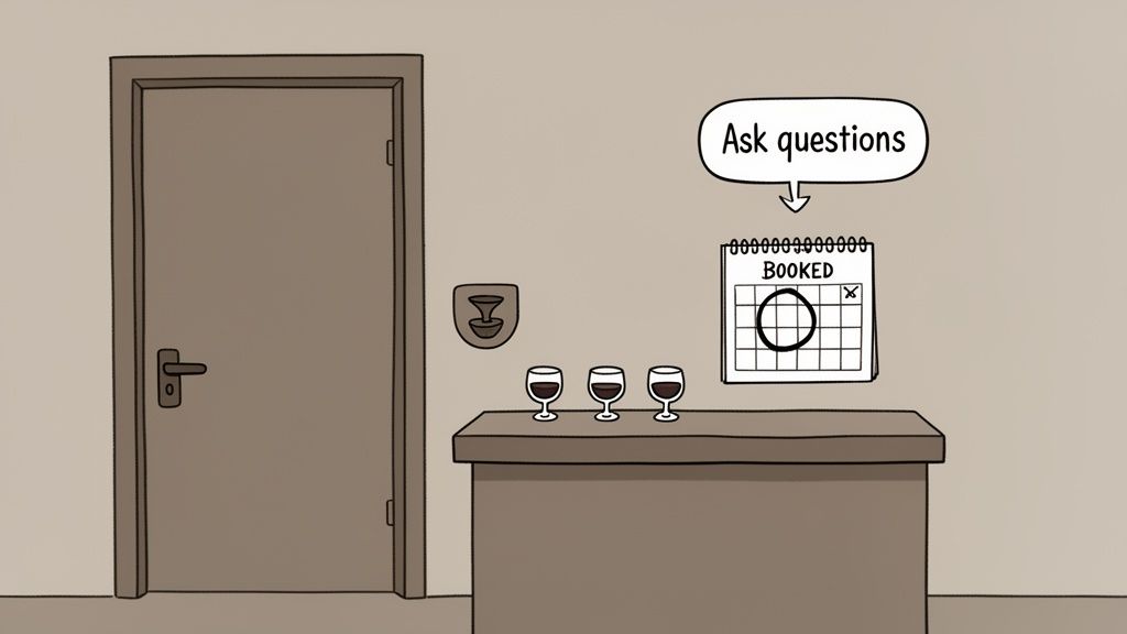 Illustration of a door, three wine glasses, a 'BOOKED' calendar, and an 'Ask questions' speech bubble.