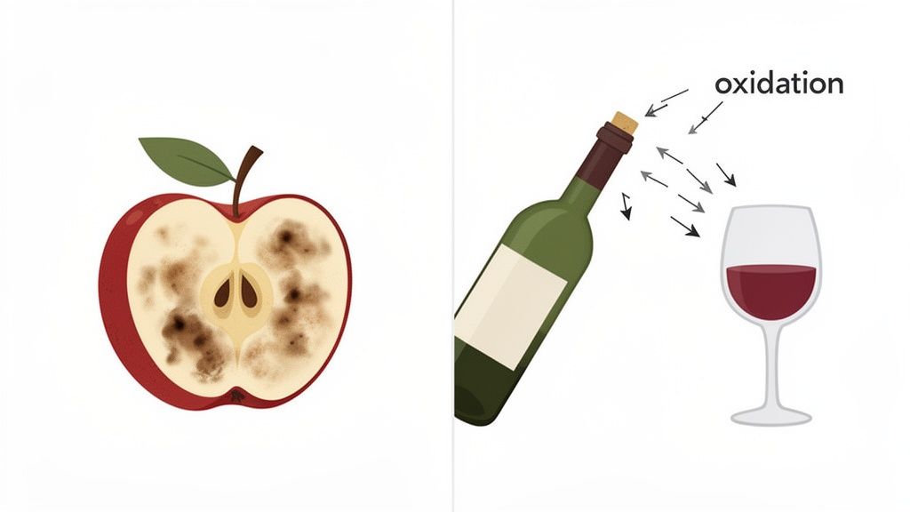 Illustrates oxidation with a brown-spotted apple and wine bottle and glass showing air exposure.
