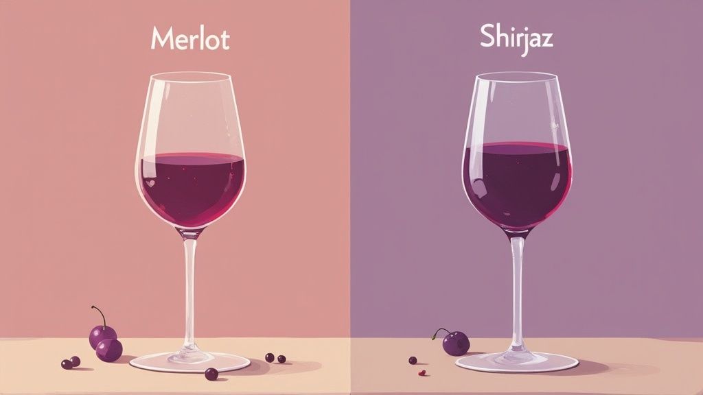 Two glasses of red wine, one Merlot and one Shiraz, on a rustic wooden table.