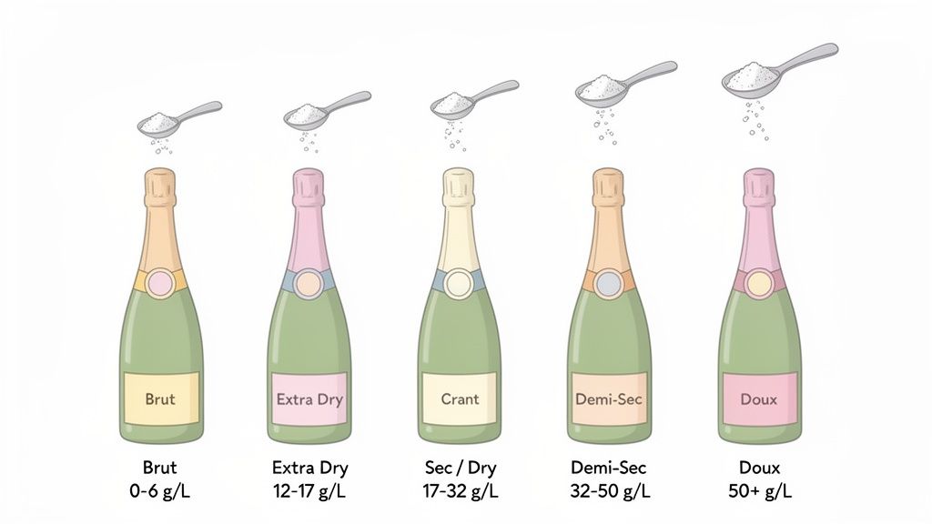 Illustration of five sparkling wine bottles demonstrating increasing sugar levels and dryness classifications.