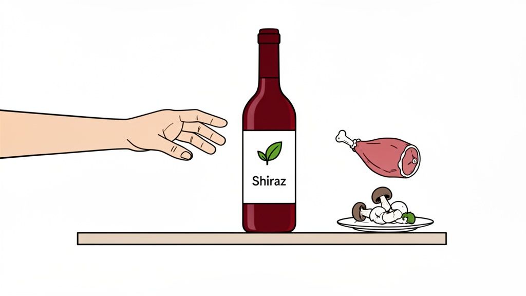 A hand reaching for a bottle of Shiraz red wine, with meat and mushrooms on a shelf.