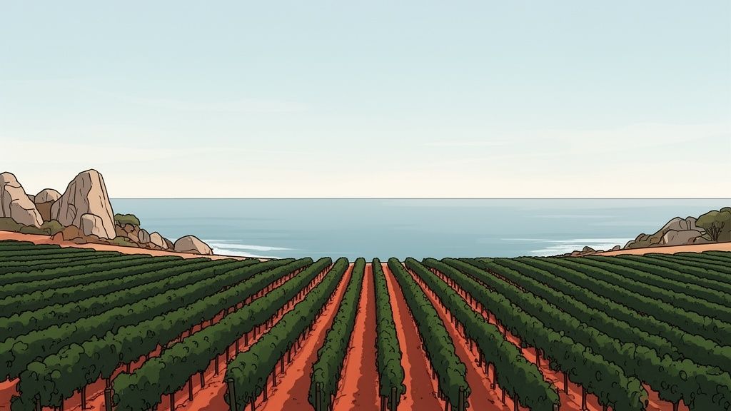 Rows of green grapevines in a coastal vineyard extending to the ocean with rocky shores.