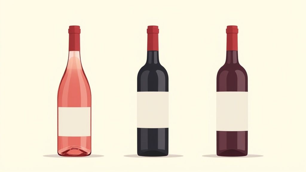 Three minimalist wine bottles: rosé, dark red, and red, all with blank labels.