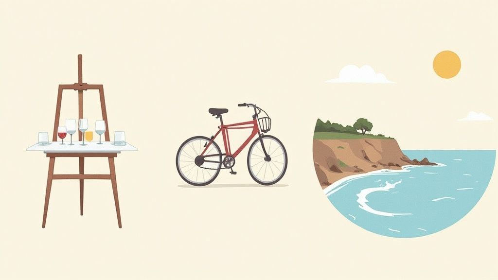 A wine tasting setup on an easel, a red bicycle, and a vibrant coastal landscape under a sunny sky.