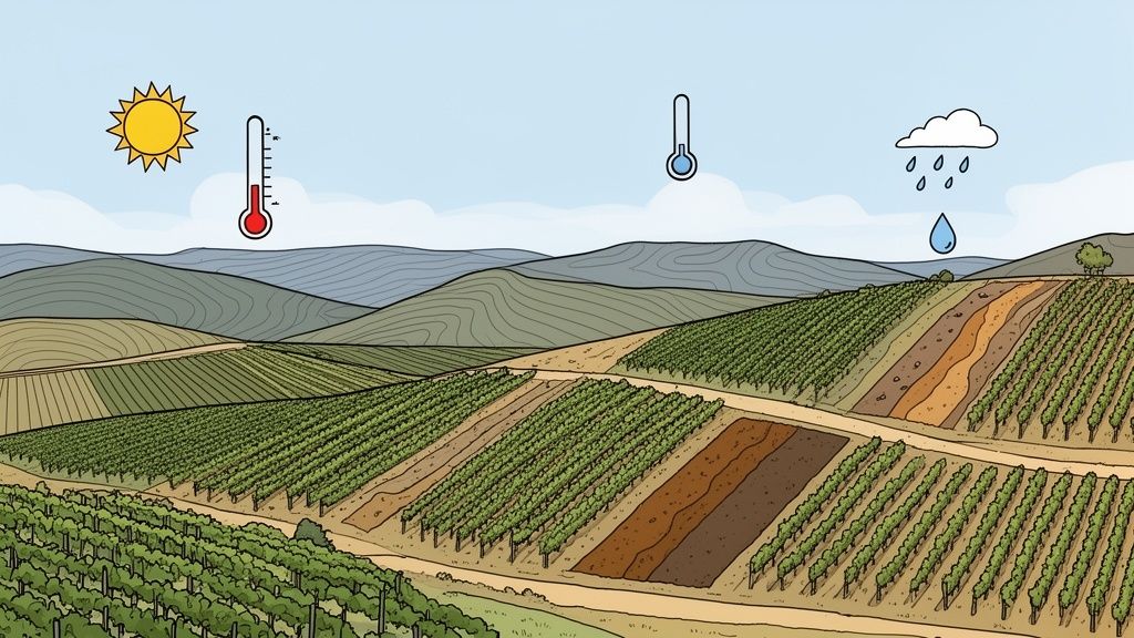 A picturesque vineyard landscape under varying weather conditions: sun, heat, cold, and rain.