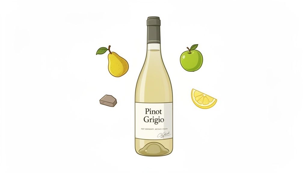 Illustrations of Pinot Grigio wine bottle with pear, green apple, lemon, and a stone.