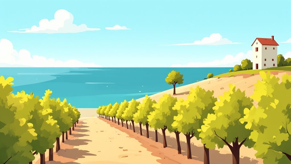 Vineyard in McLaren Vale with the ocean in the background