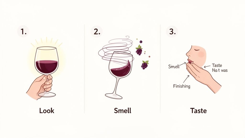 An illustration showing three steps for wine tasting: look, smell, and taste.