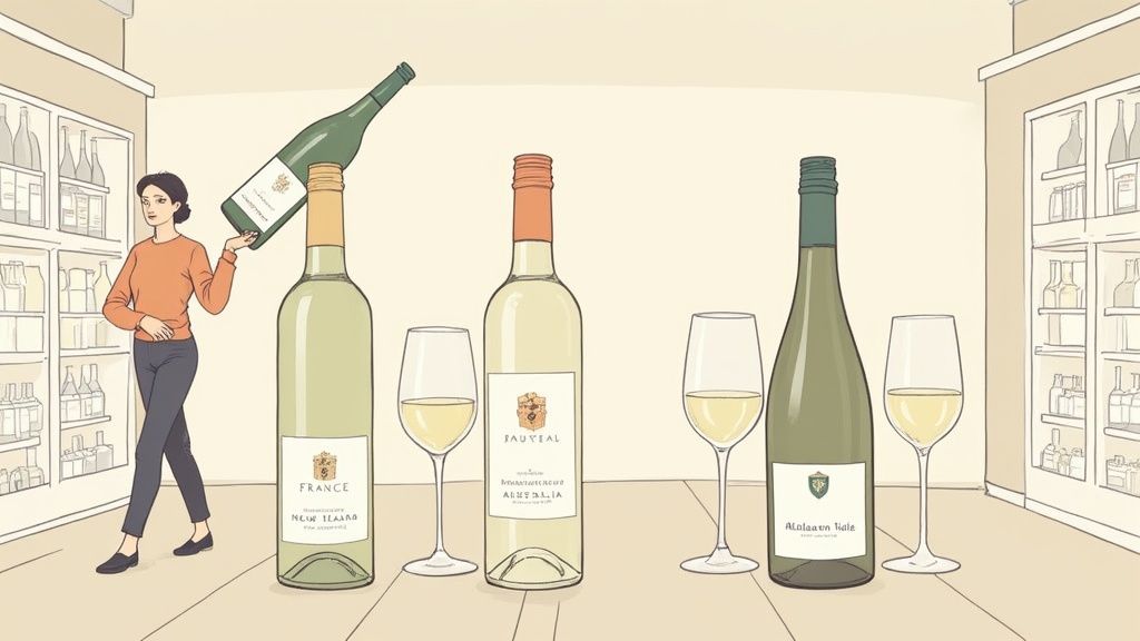 A woman in a wine store aisle, holding a white wine bottle, with three other bottles and glasses of white wine on display.