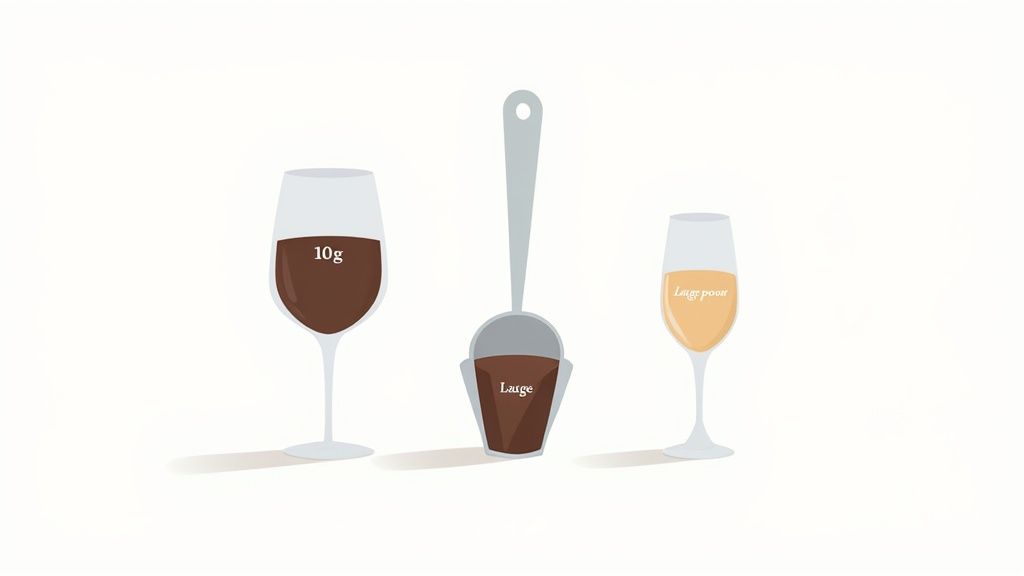 Comparison of liquid quantities in a wine glass (10g), a measuring spoon (Large), and a champagne flute (Lagg poor).