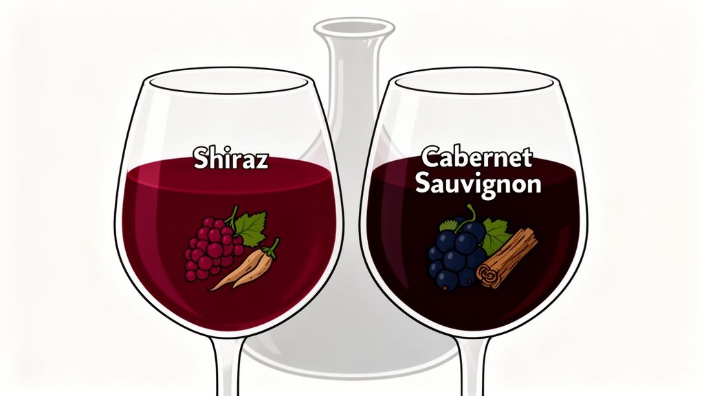 Two red wine glasses, Shiraz with red grapes and peppers, and Cabernet Sauvignon with dark grapes and cinnamon.