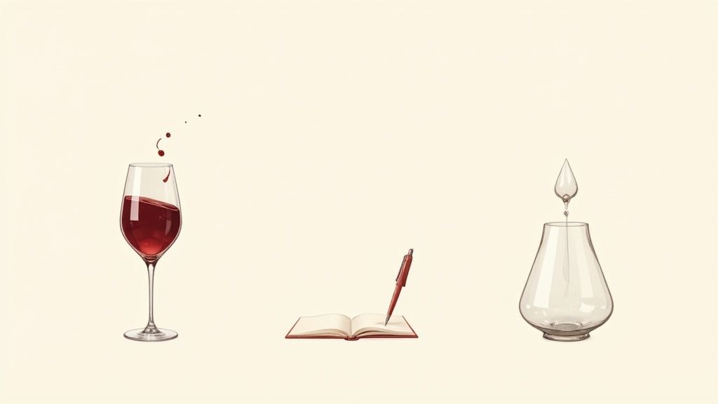 A close-up shot of a hand swirling red wine in a glass, with a blurred vineyard in the background.