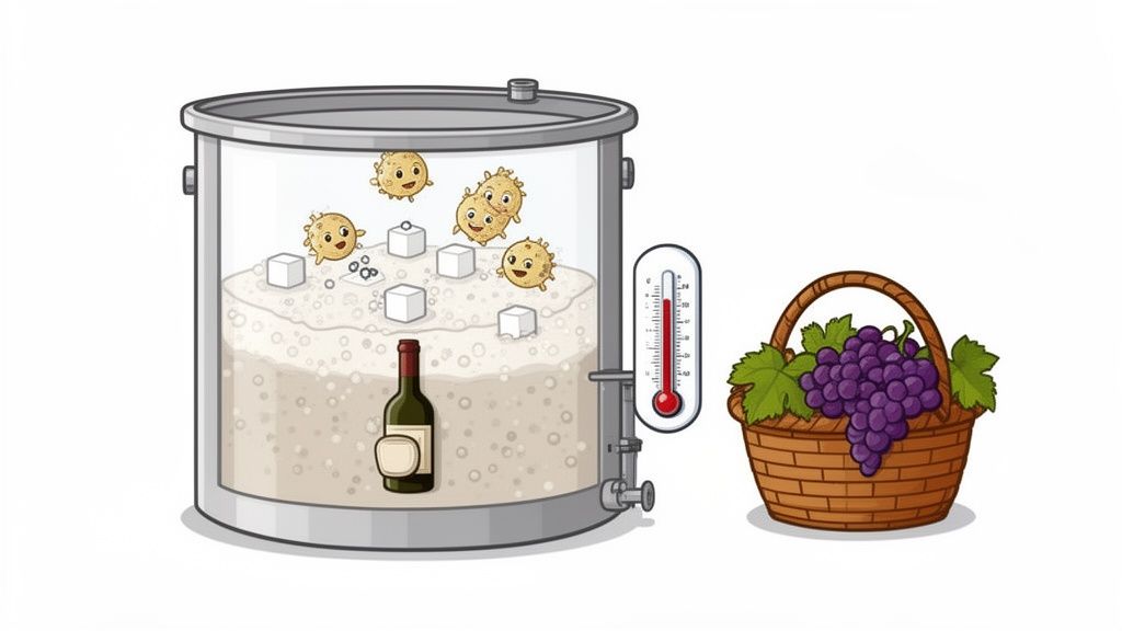 Illustration of a fermentation tank with yeast, sugar, a wine bottle, and a thermometer, next to a basket of grapes.