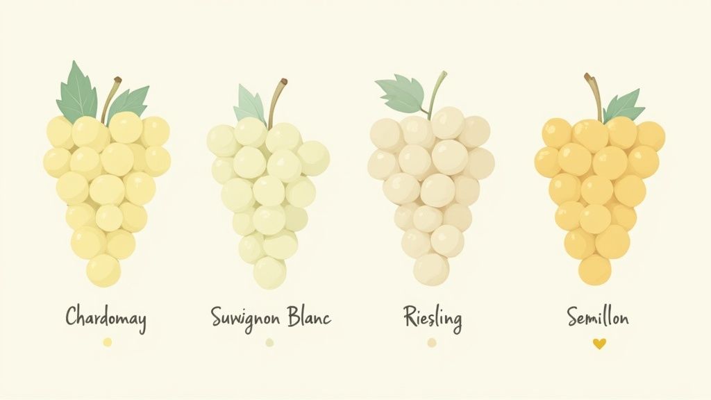 Close-up of different white wine grapes on the vine