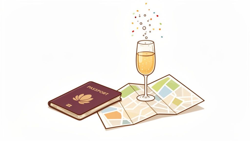 An illustration of a passport, a map, and a champagne glass with bubbles and confetti, symbolizing travel and celebration.