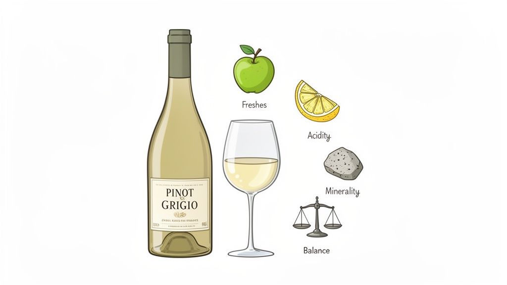 Illustration of a Pinot Grigio wine bottle and glass, highlighting characteristics like freshness, acidity, minerality, and balance.