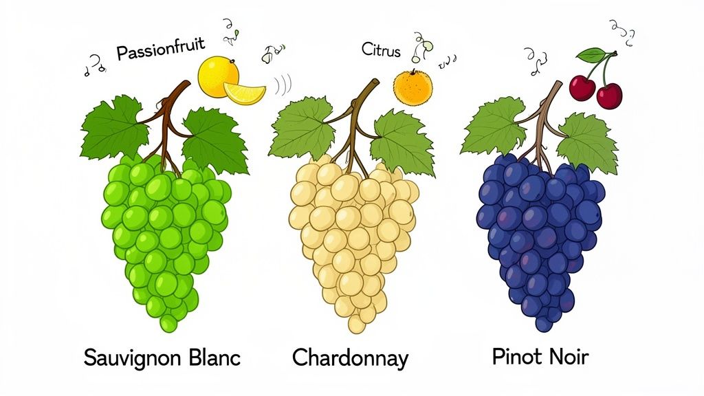 Illustration of three grape varietals: Sauvignon Blanc (passionfruit), Chardonnay (citrus), and Pinot Noir (cherries), highlighting their flavor profiles.