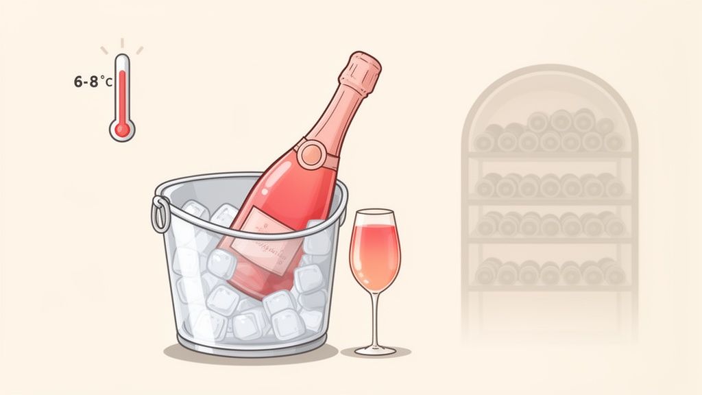 A pink sparkling wine bottle in an ice bucket, a glass, and a thermometer showing 6-8°C.
