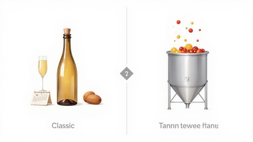 Illustration contrasting classic sparkling wine elements with a modern fruit fermentation tank.