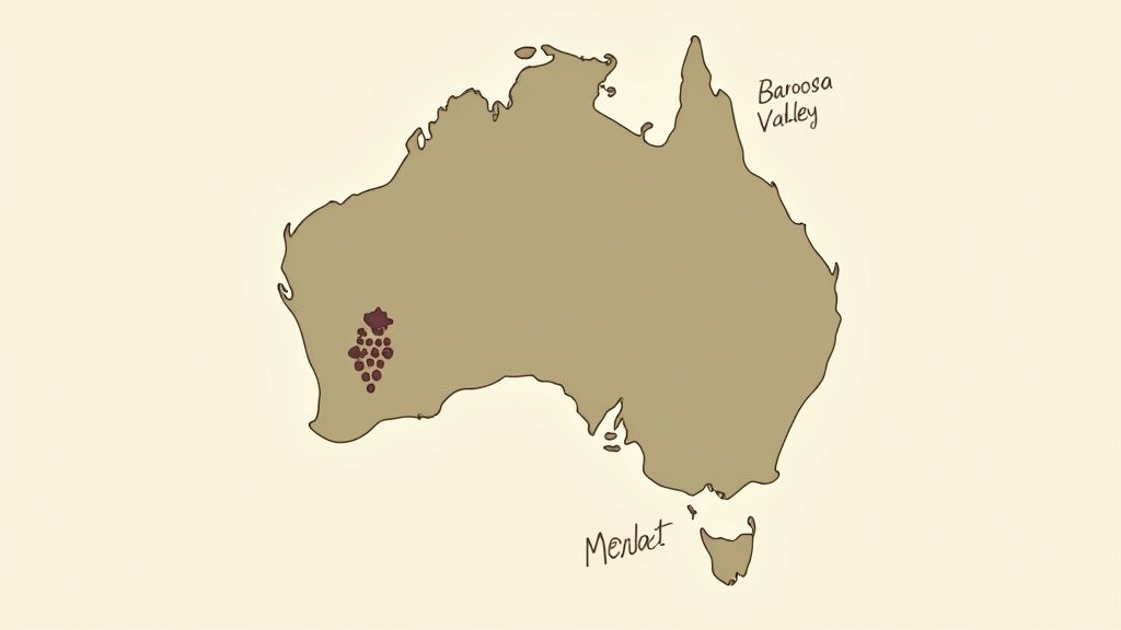 Map of Australia highlighting wine regions: Barossa Valley, a grape cluster in Western Australia, and Merlot near Tasmania.