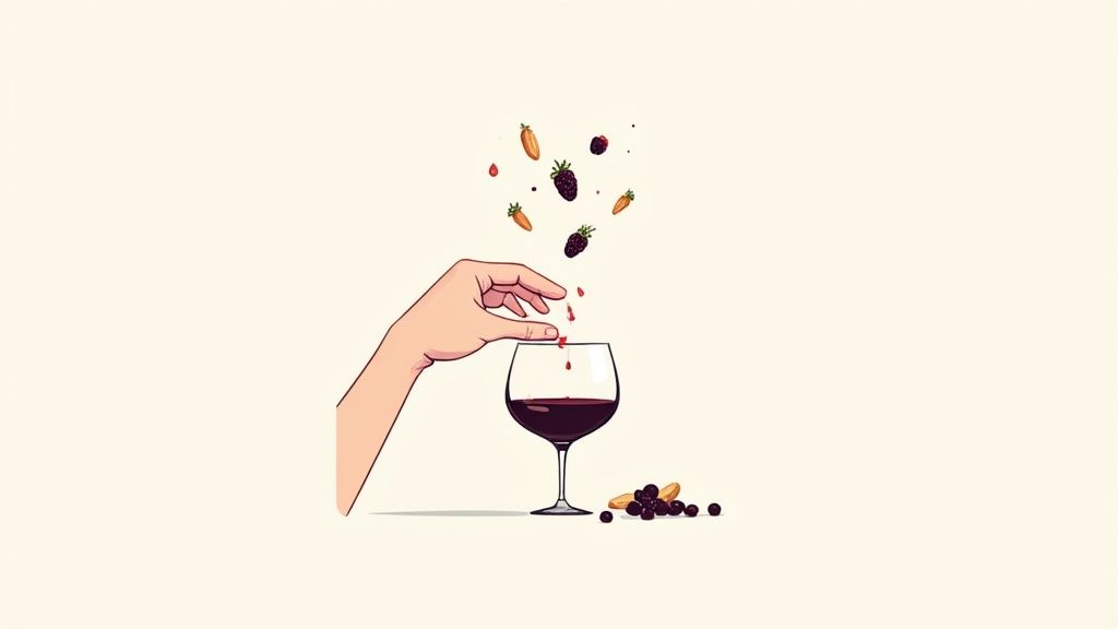 A close-up of a hand swirling a glass of deep red port wine, with a blurred, warm background highlighting the wine's colour.