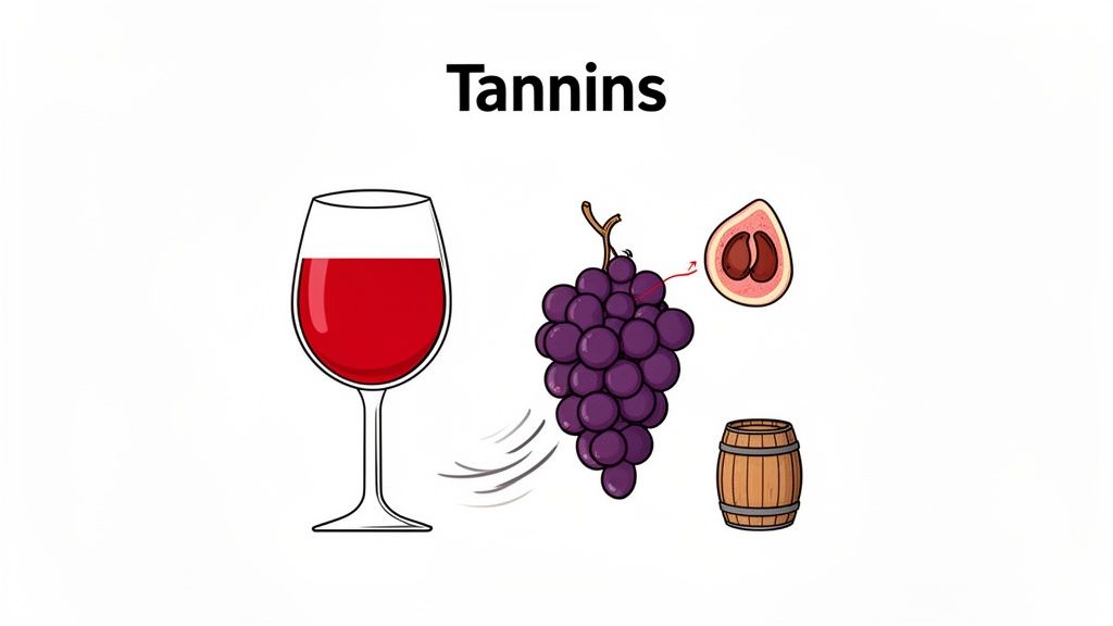 An illustration showing a glass of red wine, purple grapes, grape seeds, and a wooden barrel, representing sources of tannins.