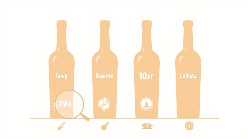 Four light-orange bottles displaying labels for Tawny, Reserve, 10yr, and Colheita port wines.