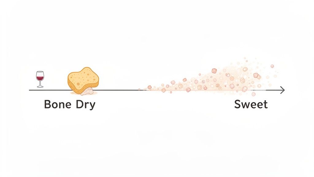 Illustration showing a wine sweetness scale from bone dry (wine glass, sponge) to sweet (sugar particles).
