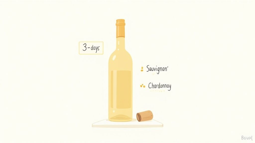 An illustration of an opened white wine bottle, a cork, and text suggesting it lasts 3 days, featuring Sauvignon and Chardonnay.