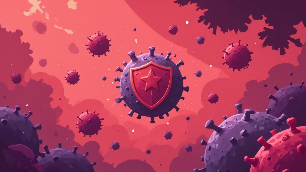 A stylized purple virus with a red shield and star, surrounded by smaller viruses in a red background.