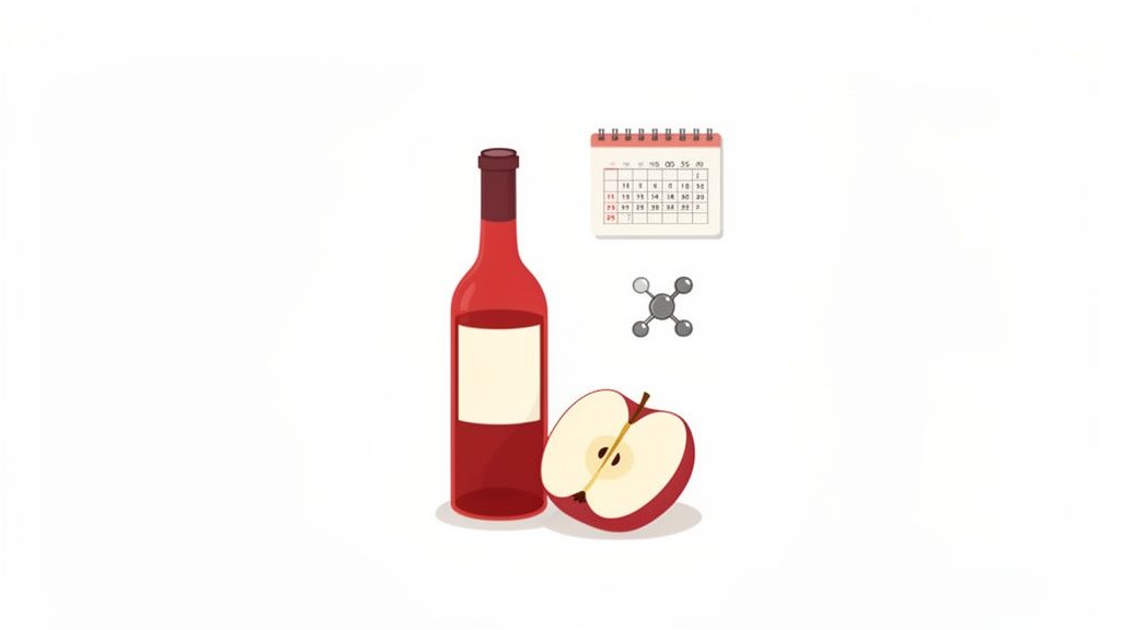 An illustration of a red wine bottle, a cut apple, a calendar, and a molecule, symbolizing wine aging.