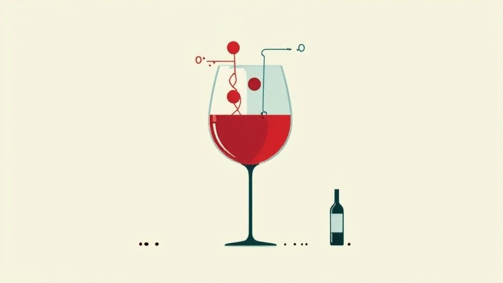 An illustrative image showing molecular interactions within a red wine glass, alongside a small wine bottle.