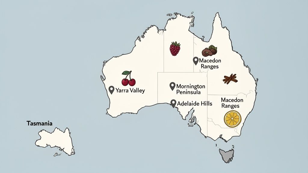 Map of Australia highlighting regions like Yarra Valley and Macedon Ranges with produce such as cherries, raspberries, and citrus.