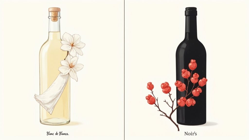 Two wine bottles side by side, Blanc de Blancs with white flowers and Noir's with red berries
