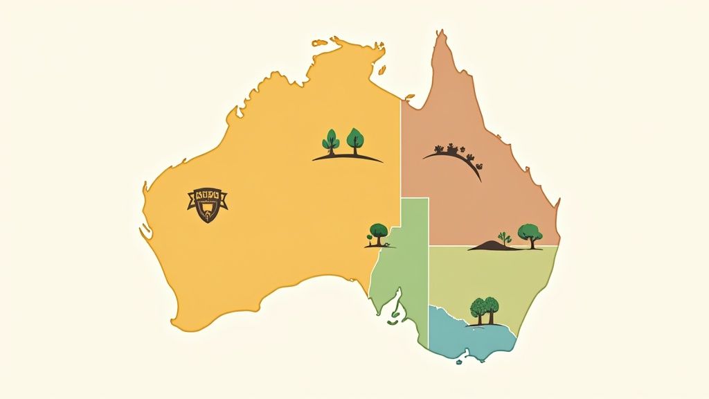 Stylized map of Australia showing various regions with trees, cacti, and a shield logo.