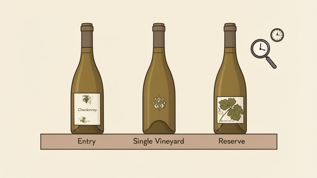 Three wine bottles illustrating Entry, Single Vineyard, and Reserve Chardonnay levels.
