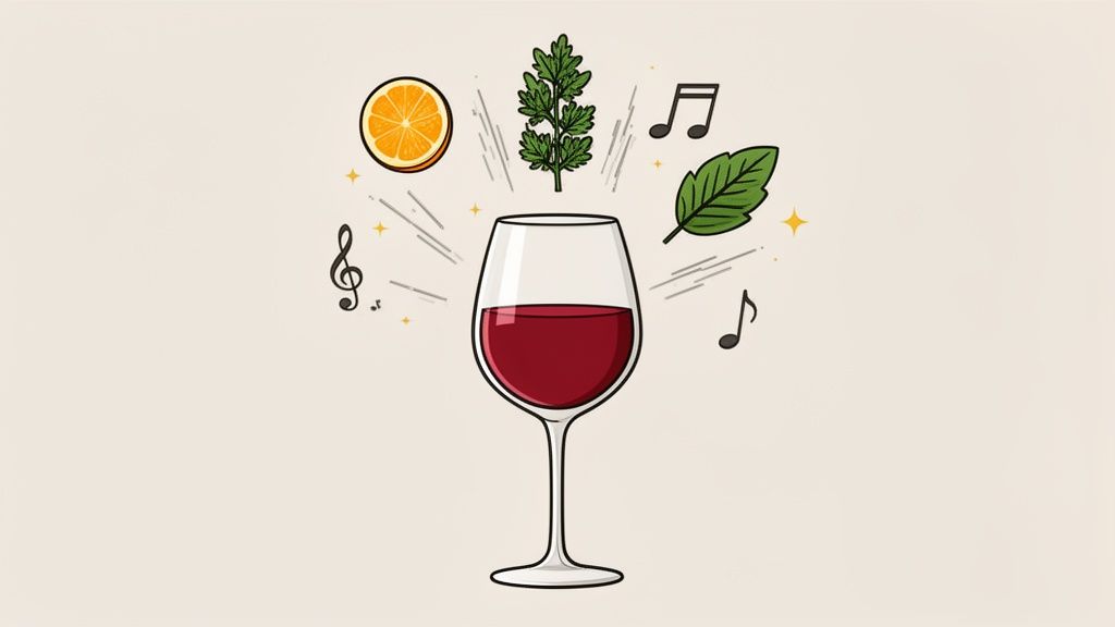 A vibrant illustration of a red wine glass with an orange slice, herbs, and musical notes, suggesting a rich experience.