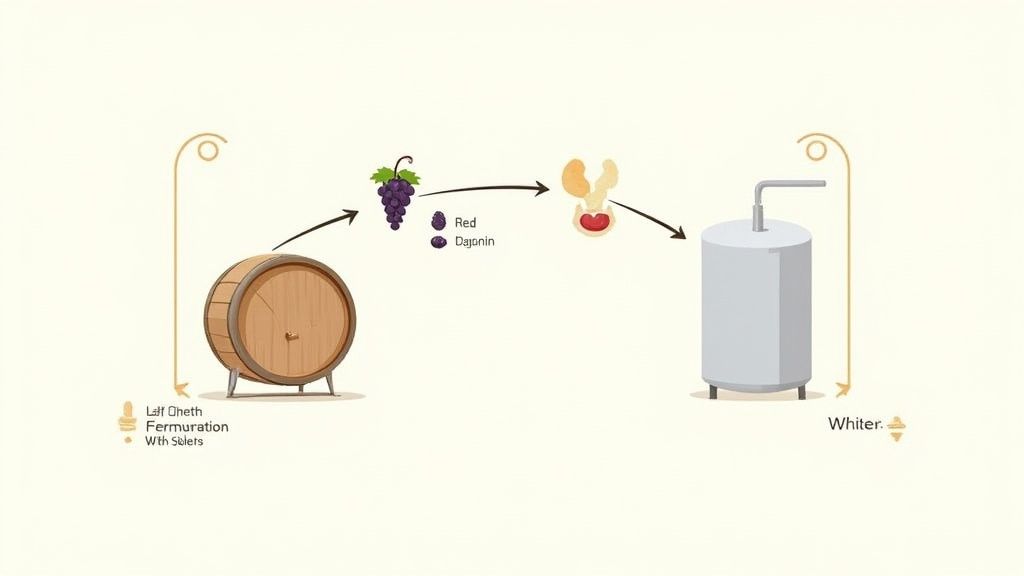Barrels of wine aging in a cellar.