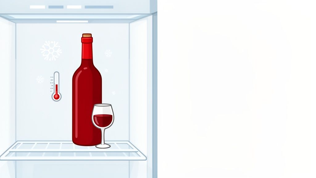 A bottle of red wine and a glass of wine inside a cold refrigerator with a thermometer and snowflakes.