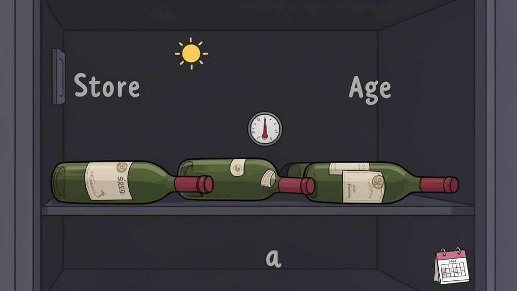 Three green wine bottles are stored horizontally on a dark shelf, indicating proper wine storage.