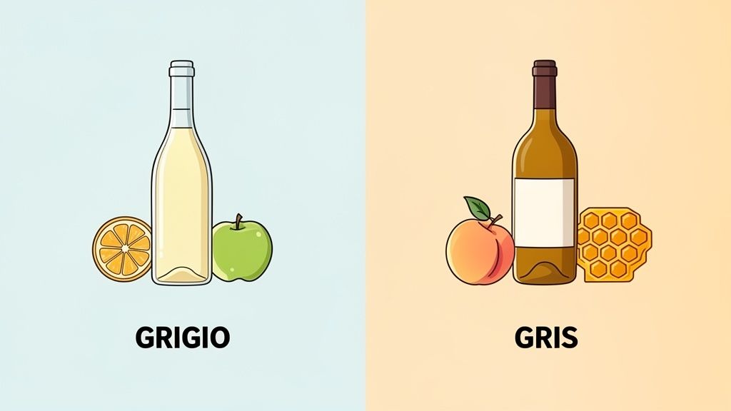 Comparison of Pinot Grigio with citrus and green apple notes, versus Pinot Gris with peach and honey flavors.