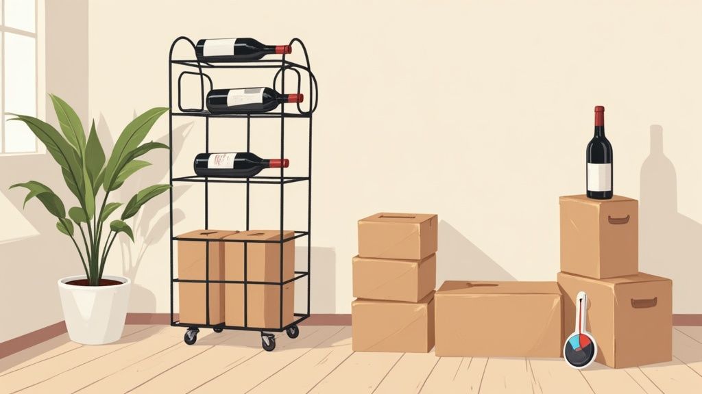 A room with a plant, a black metal wine rack holding bottles, and stacked cardboard boxes, suggesting wine storage.