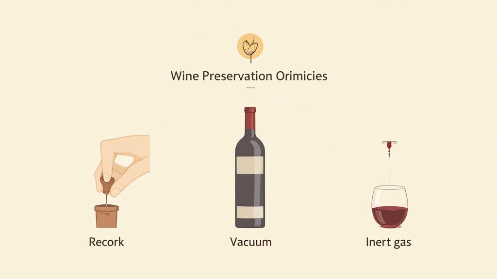 An illustration showing three common methods for preserving wine: recorking, vacuum sealing, and using inert gas.