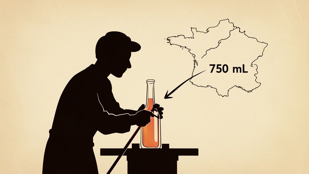 An illustration of a person holding a bottle, with a map of France and an arrow pointing to 750 mL.