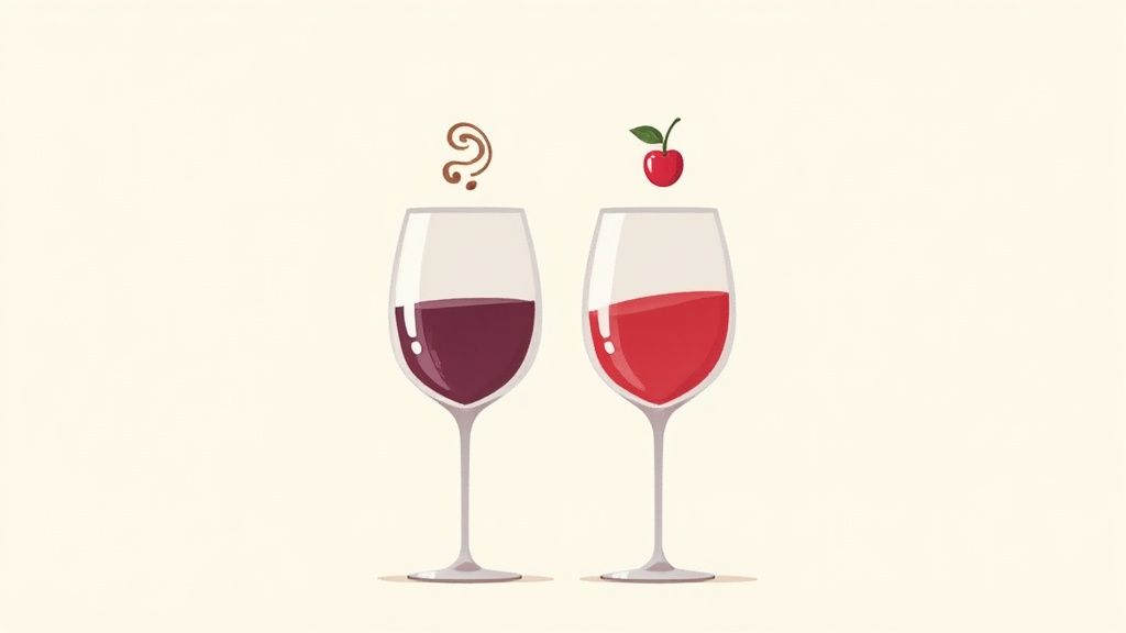 Two glasses of red wine, one Shiraz and one Merlot, ready for a side-by-side tasting.