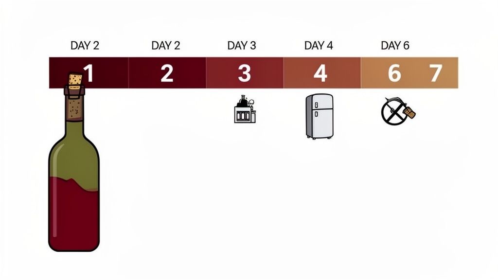 Timeline infographic detailing the recommended shelf life and preservation methods for an opened red wine bottle.