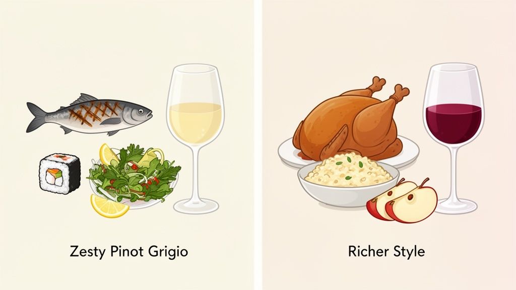 Two wine pairings: Zesty Pinot Grigio with fish, sushi, and salad; Richer Style red with roasted chicken, rice, and apples.