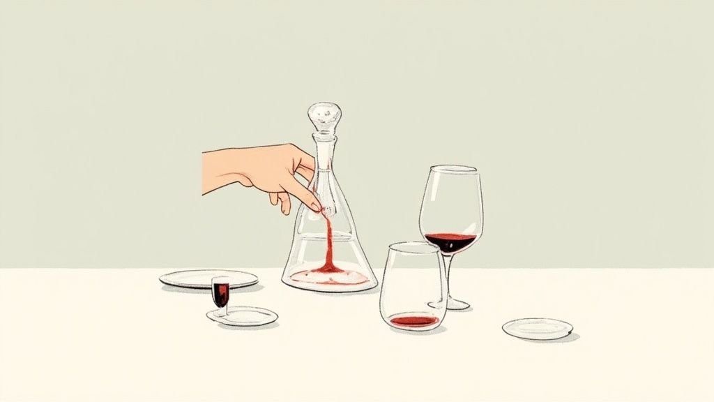A server pouring Port wine into a small, traditional Port glass, with a decanter and other glassware arranged elegantly on a wooden table.