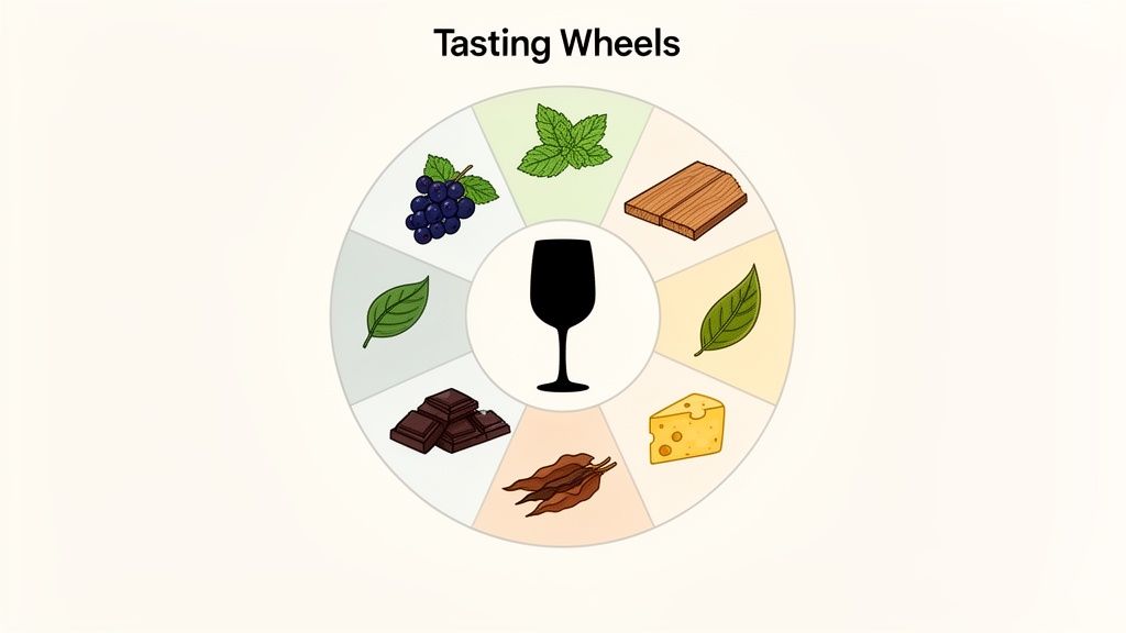 A wine tasting wheel featuring a glass surrounded by grapes, mint, wood, chocolate, and leaves.